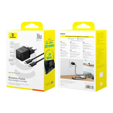 МЗП Baseus Palm Fast Charger 30W (USB-1USB-C) + Cable Type -C to Type -C 60W (1m) black 143756 фото