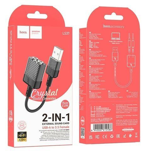 HOCO Spirit 2-in-1 transparent external sound card for earphones USB to 3.5 mm LS37 15cm, Black 029858 фото